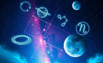 Celestial scene with zodiac symbols and colorful starry sky, reflecting astrology for the week of March 31 to April 6, 2025.