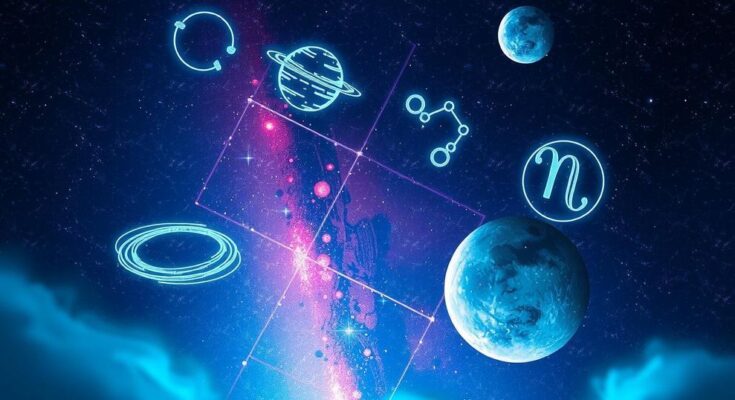 Celestial scene with zodiac symbols and colorful starry sky, reflecting astrology for the week of March 31 to April 6, 2025.