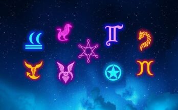Colorful astrological symbols representing different zodiac signs against a backdrop of stars and planets.