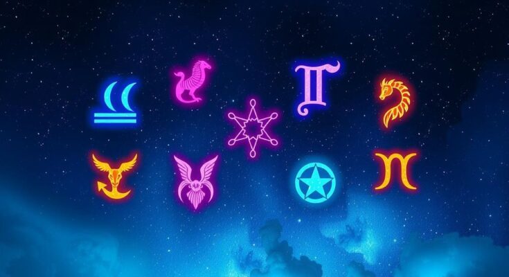 Colorful astrological symbols representing different zodiac signs against a backdrop of stars and planets.