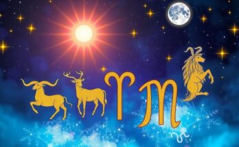 Astrological theme depicting five zodiac signs with celestial elements, emphasizing cosmic alignment and vibrant colors.