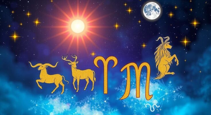 Astrological theme depicting five zodiac signs with celestial elements, emphasizing cosmic alignment and vibrant colors.