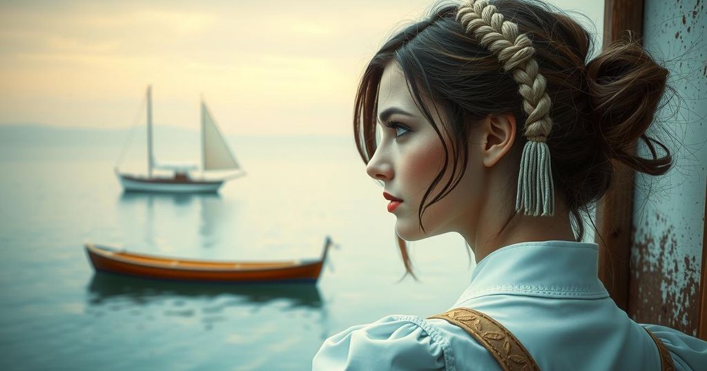 A vintage-style illustration of a woman looking at a boat, portraying ambition and tension, in soft pastel colors.