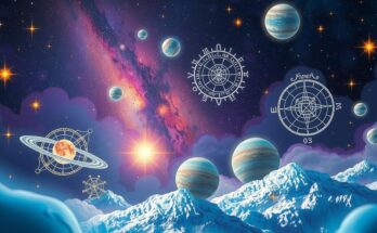 Astrological symbols in a cosmic landscape with vibrant colors representing zodiac signs and celestial bodies.