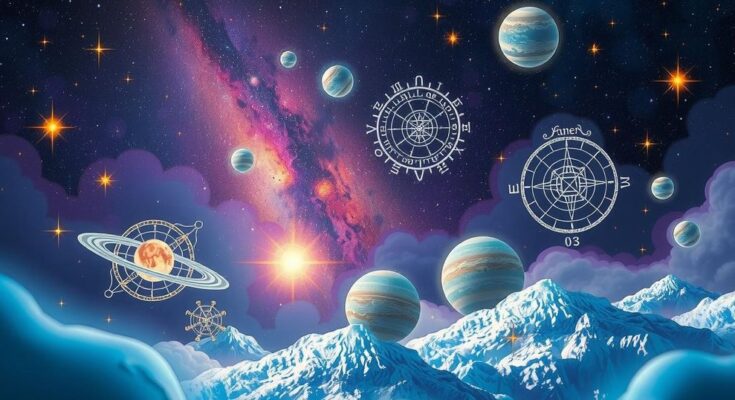 Astrological symbols in a cosmic landscape with vibrant colors representing zodiac signs and celestial bodies.