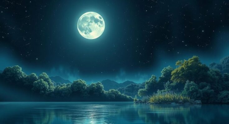 A serene night sky with a glowing moon above a tranquil landscape symbolizing aspirations and inner peace.
