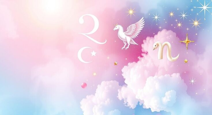 A celestial theme featuring stars and zodiac symbols against a soft pastel gradient background, symbolizing love and connection.