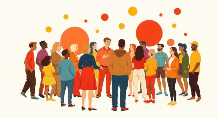 A vibrant community gathering featuring abstract shapes symbolizing connection, in a warm color palette.