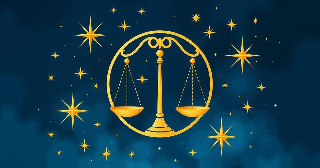 A serene Libra symbol surrounded by stars and a balanced color palette of deep blues and soft golds.