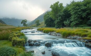 A serene landscape with a gentle stream and gray clouds, symbolizing growth, balance, and harmony for Virgo.