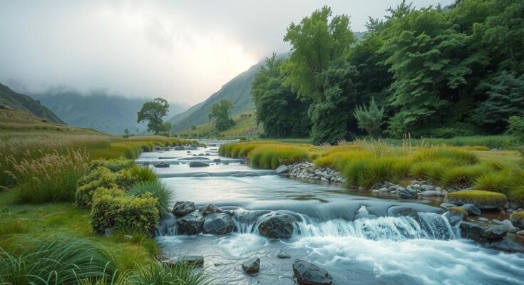 A serene landscape with a gentle stream and gray clouds, symbolizing growth, balance, and harmony for Virgo.