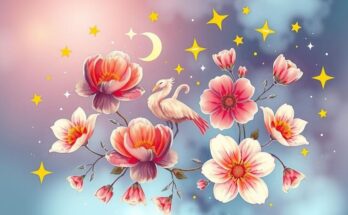 A whimsical illustration of astrological symbols surrounded by blooming flowers and bright stars for love horoscopes