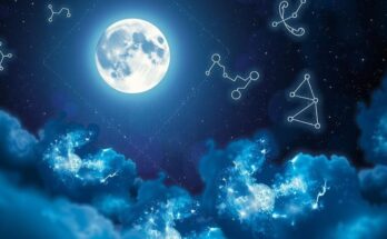 Celestial scene with a full moon, zodiac constellations glowing, fueling manifestation and cosmic energies.