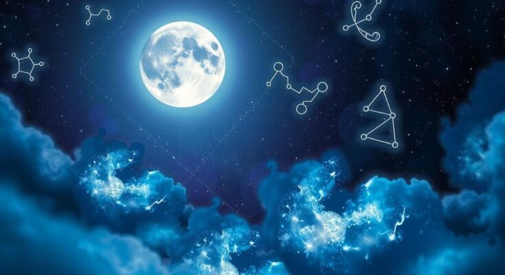 Celestial scene with a full moon, zodiac constellations glowing, fueling manifestation and cosmic energies.