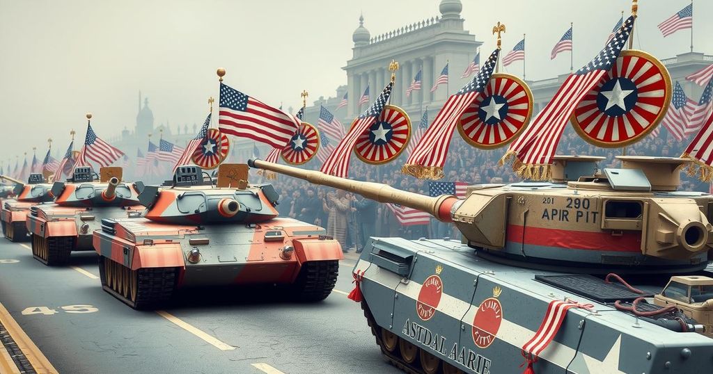 A dramatic military parade scene with artillery, tanks, and patriotic colors.