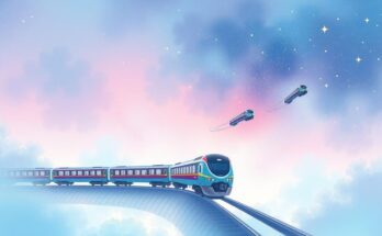 A serene cosmic scene with celestial trains symbolizing thoughts and journeys, in soothing pastel colors.