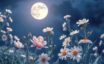A serene garden with blooming flowers under a luminous full moon, symbolizing transformation and love.