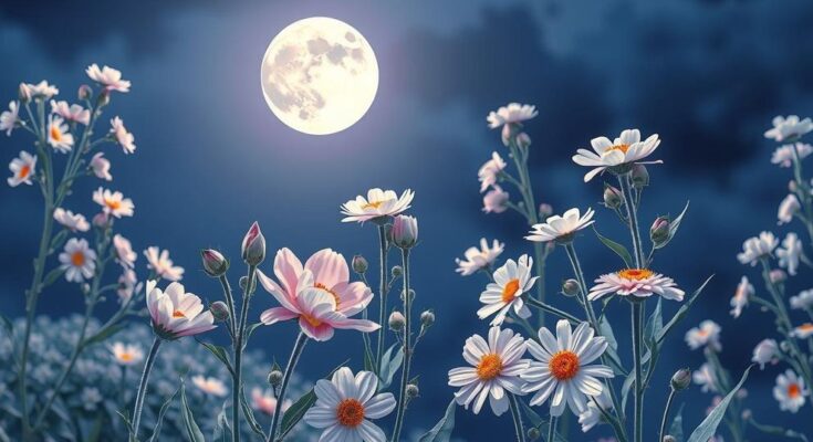 A serene garden with blooming flowers under a luminous full moon, symbolizing transformation and love.