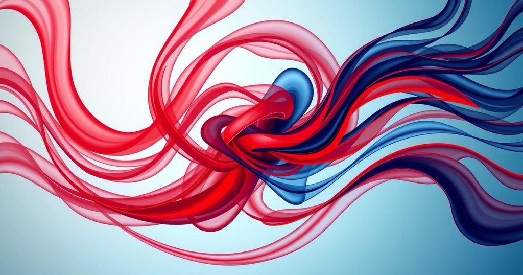 Abstract representation of political struggle, featuring contrasting red and blue hues, symbolizing party rivalry and change.