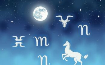 Zodiac signs under a Virgo Moon with an abstract starry sky, muted colors representing love and caution.