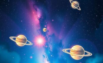A vibrant celestial scene depicting stars and planets aligning favorably against a night sky, conveying astrological harmony.