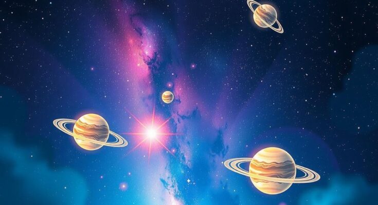 A vibrant celestial scene depicting stars and planets aligning favorably against a night sky, conveying astrological harmony.
