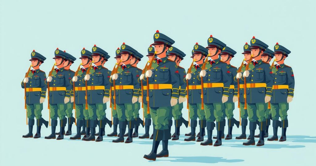 A stylized military celebration with soldiers in formation, emphasizing discipline and patriotism in a vibrant color scheme.