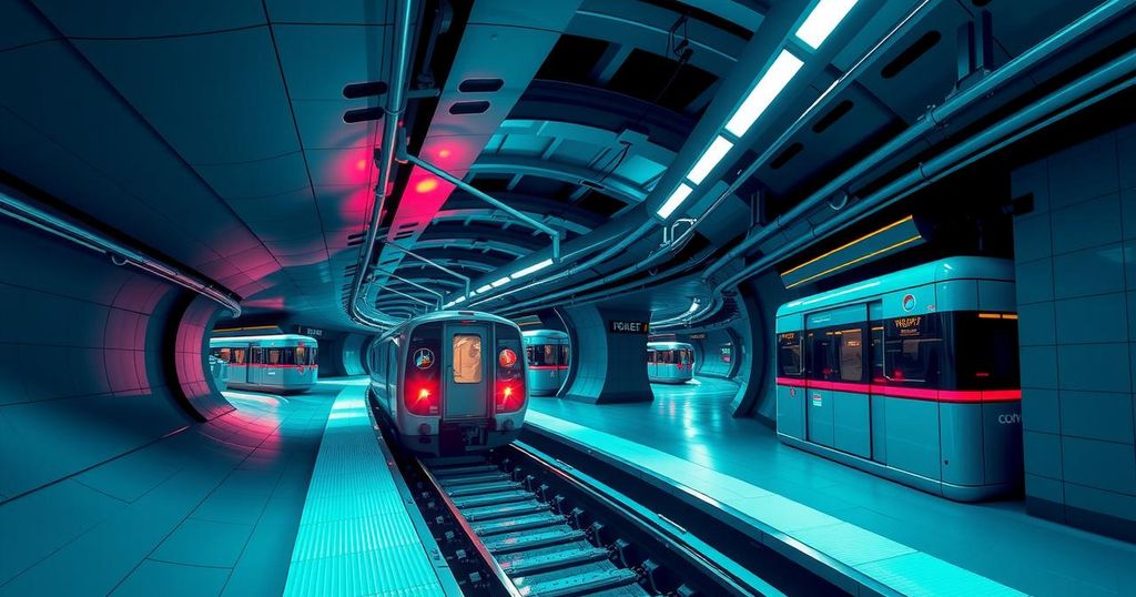 A conceptual illustration of a futuristic underground transportation network with abstract tunnel designs.