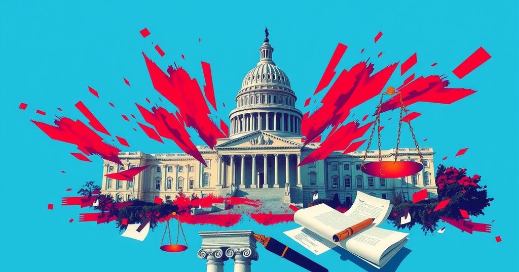 A busy Capitol building with flags, surrounded by political symbols and vibrant colors representing political debate.