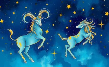 A colorful cosmic scene depicting Taurus and Gemini constellations merging, symbolizing new beginnings and ideas.