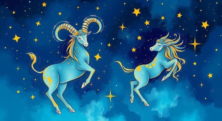 A colorful cosmic scene depicting Taurus and Gemini constellations merging, symbolizing new beginnings and ideas.