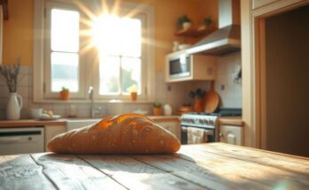 A serene kitchen with sunlight filtering through clean windows, emphasizing simplicity and beauty in daily rituals.