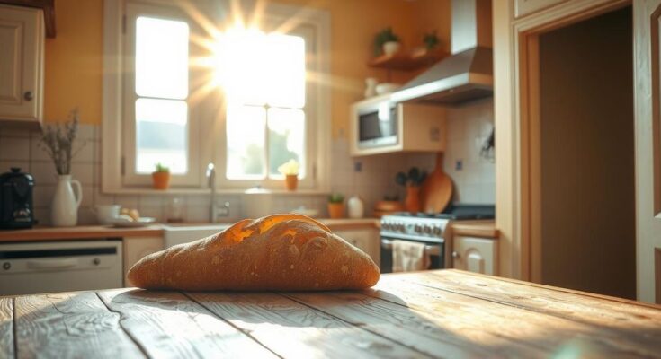 A serene kitchen with sunlight filtering through clean windows, emphasizing simplicity and beauty in daily rituals.