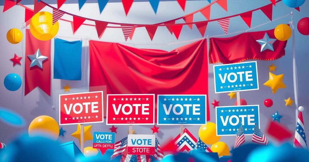 A colorful political campaign scene featuring campaign signs and decorations in dynamic hues.