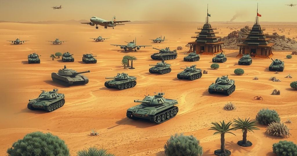 Military assets displayed with a focus on strategic positioning in the Middle East, captured in vivid colors.