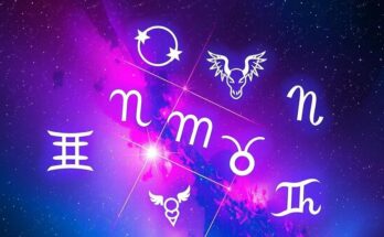 A celestial-themed illustration depicting the twelve zodiac signs with symbolic representations in a galaxy background.