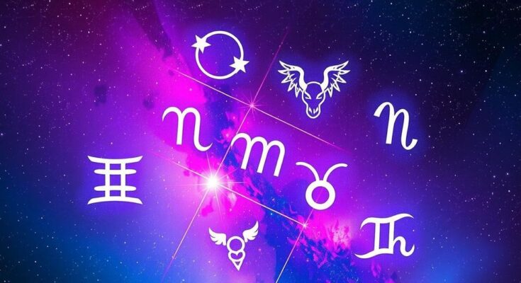 A celestial-themed illustration depicting the twelve zodiac signs with symbolic representations in a galaxy background.