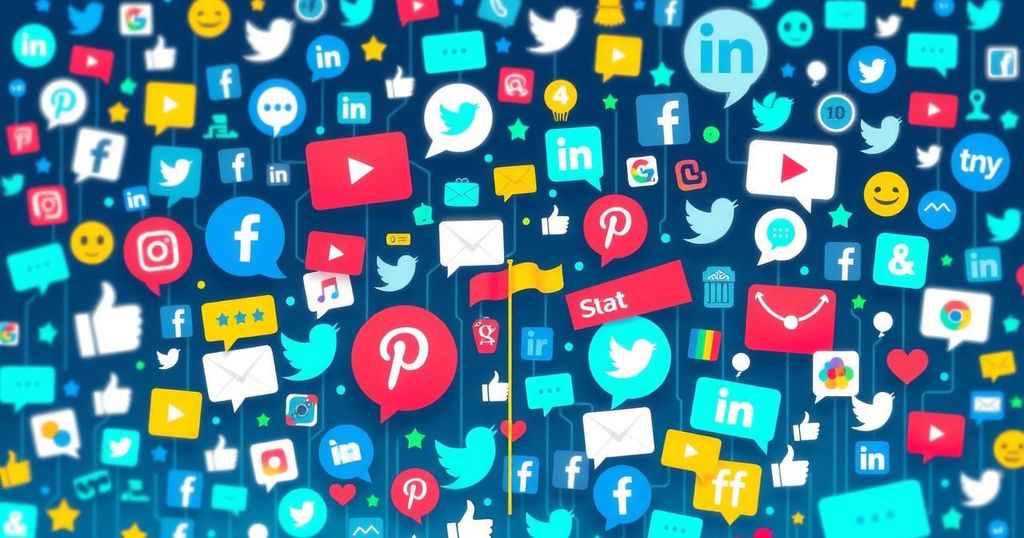 A digital landscape depicting social media icons and political symbols, emphasizing engagement and discourse.