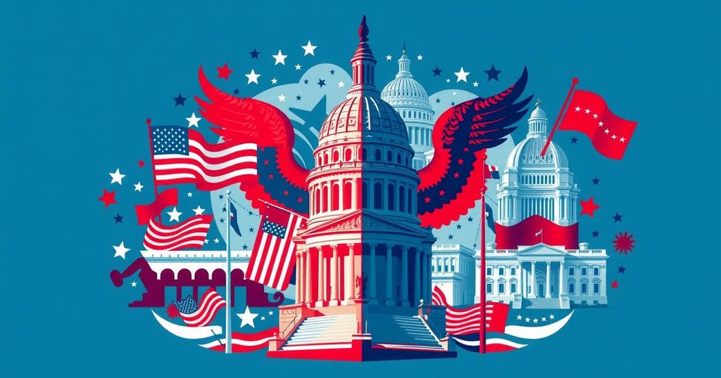 Political symbols representing populism and elite dynamics in contemporary US governance, illustrated with bold colors.