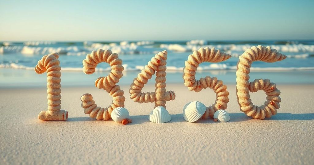 Seashells on a beach spell out numbers amidst a serene ocean view, symbolizing political discourse and interpretations.