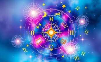 Colorful astrological symbols representing zodiac signs surrounded by celestial patterns and cosmic elements.
