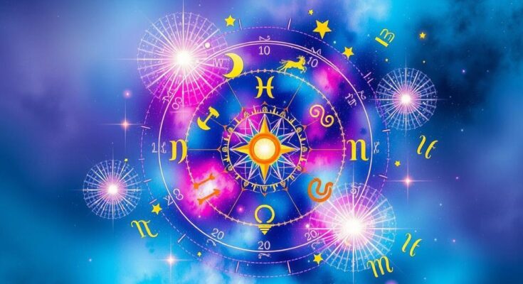 Colorful astrological symbols representing zodiac signs surrounded by celestial patterns and cosmic elements.