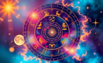 A colorful zodiac wheel with astrological symbols on a vibrant background representing daily horoscopes.