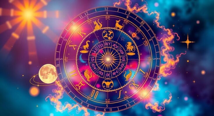 A colorful zodiac wheel with astrological symbols on a vibrant background representing daily horoscopes.