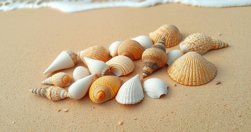 Seashells arranged on sand, forming abstract shapes in natural hues, evoking a serene beach atmosphere.