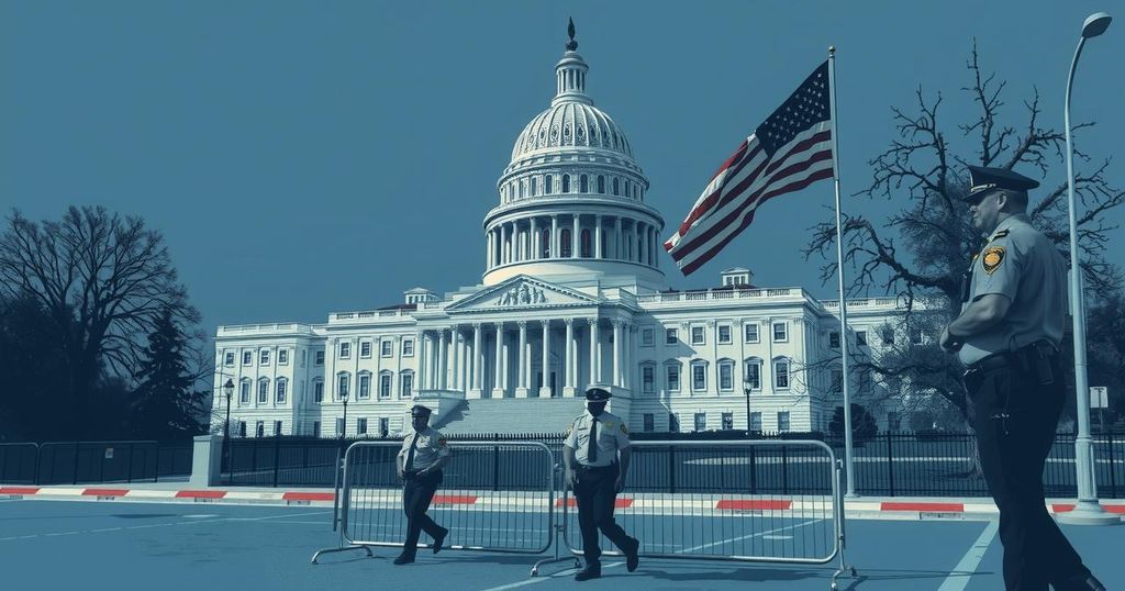 Illustration of Capitol building with security barriers and police presence, reflecting heightened safety measures for lawmakers.