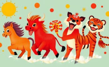 Chinese Zodiac signs embracing positive energy on a vibrant day, with symbols of each sign in a lively atmosphere.