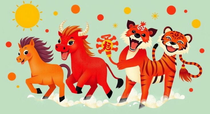 Chinese Zodiac signs embracing positive energy on a vibrant day, with symbols of each sign in a lively atmosphere.