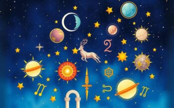 Astrological symbols against a starry background, featuring constellations and planetary icons representing June horoscopes.