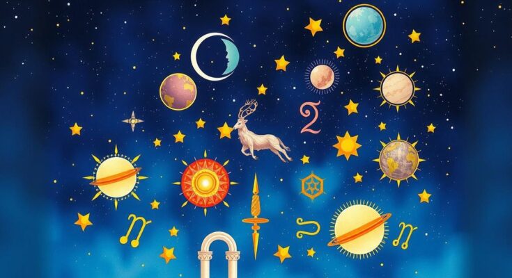 Astrological symbols against a starry background, featuring constellations and planetary icons representing June horoscopes.